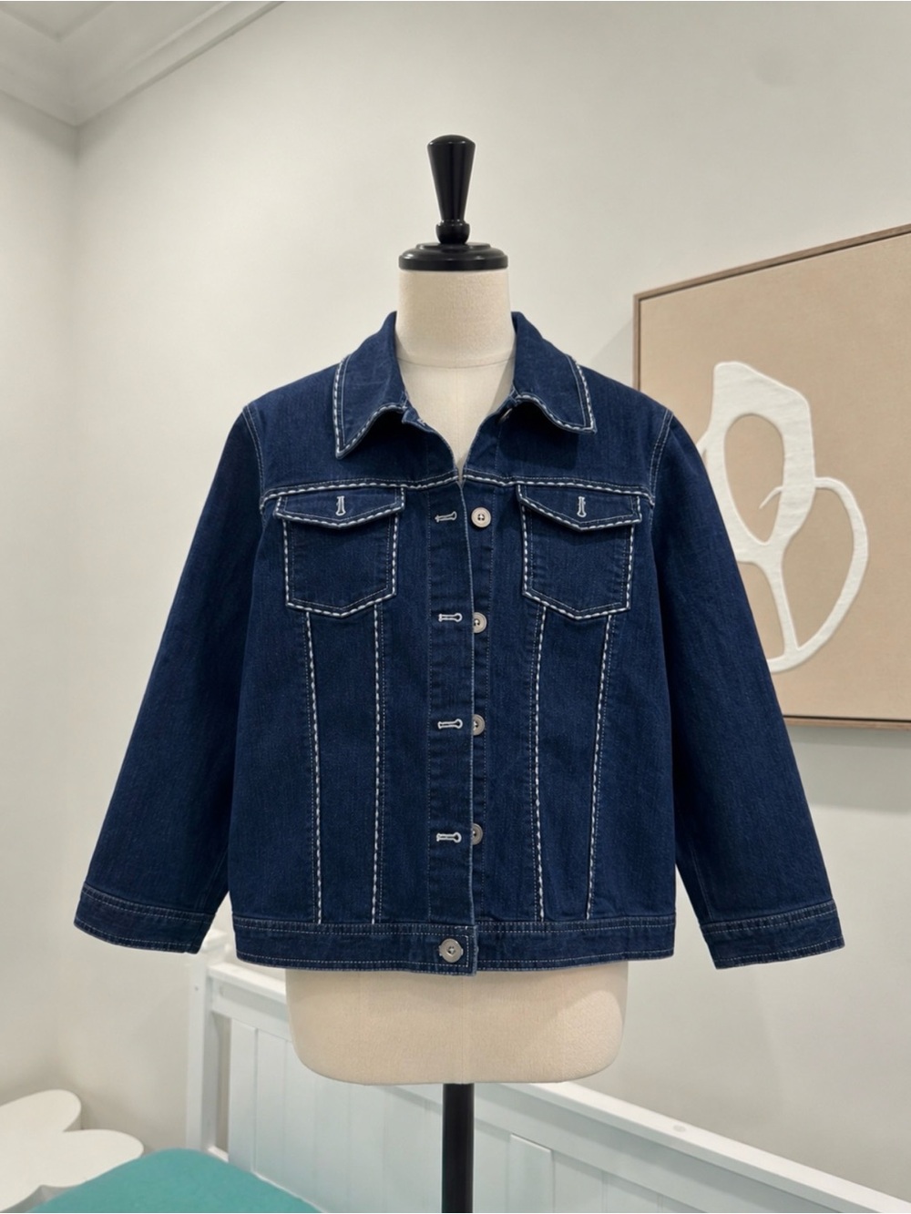 Alfred Dunner Women’s Dark Wash Denim Jacket Button Front Contrast Stitching